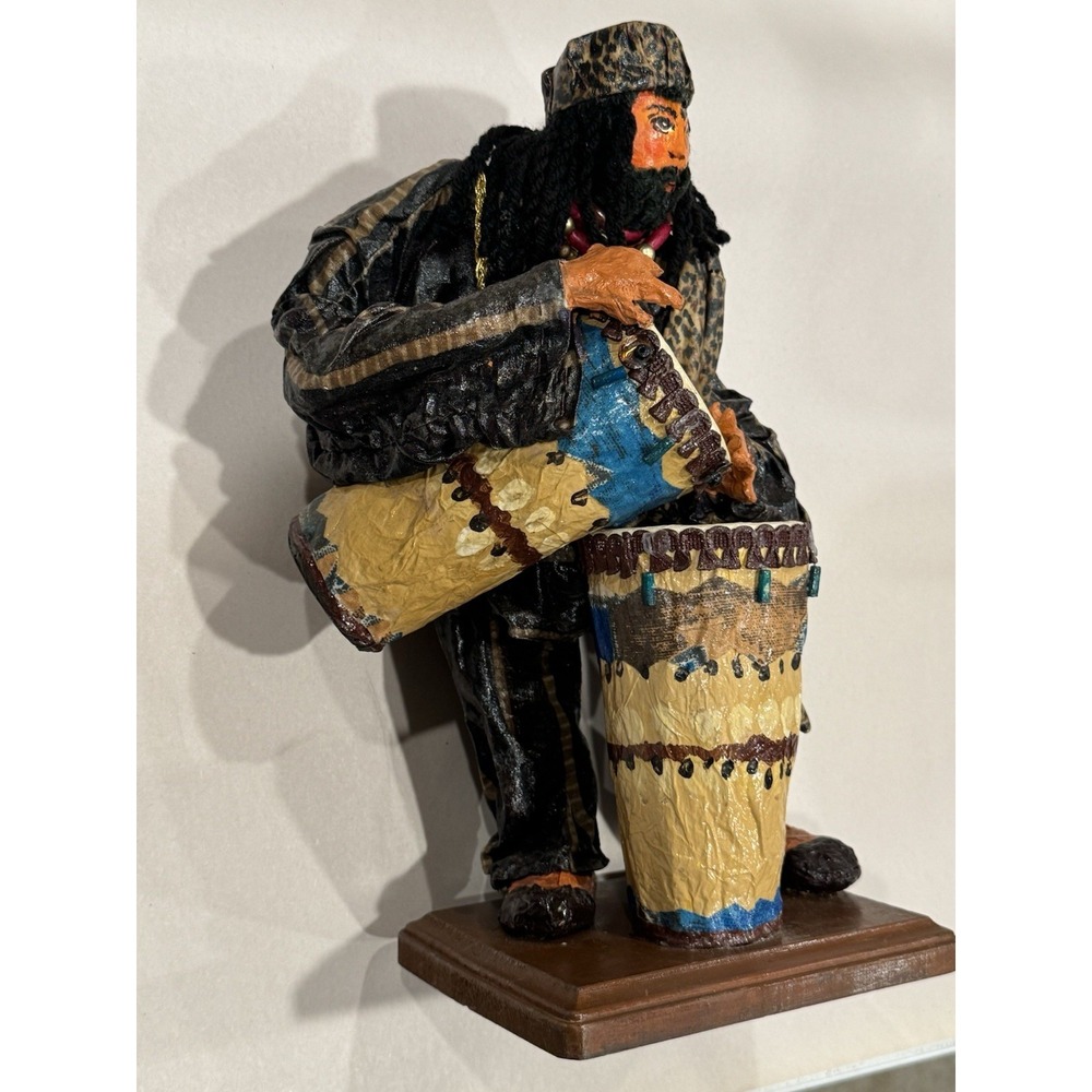 Papier Mache Jamaican African Folk Art Hand Made Hand Painted Drum Bongos Figure - Picture 3 of 9